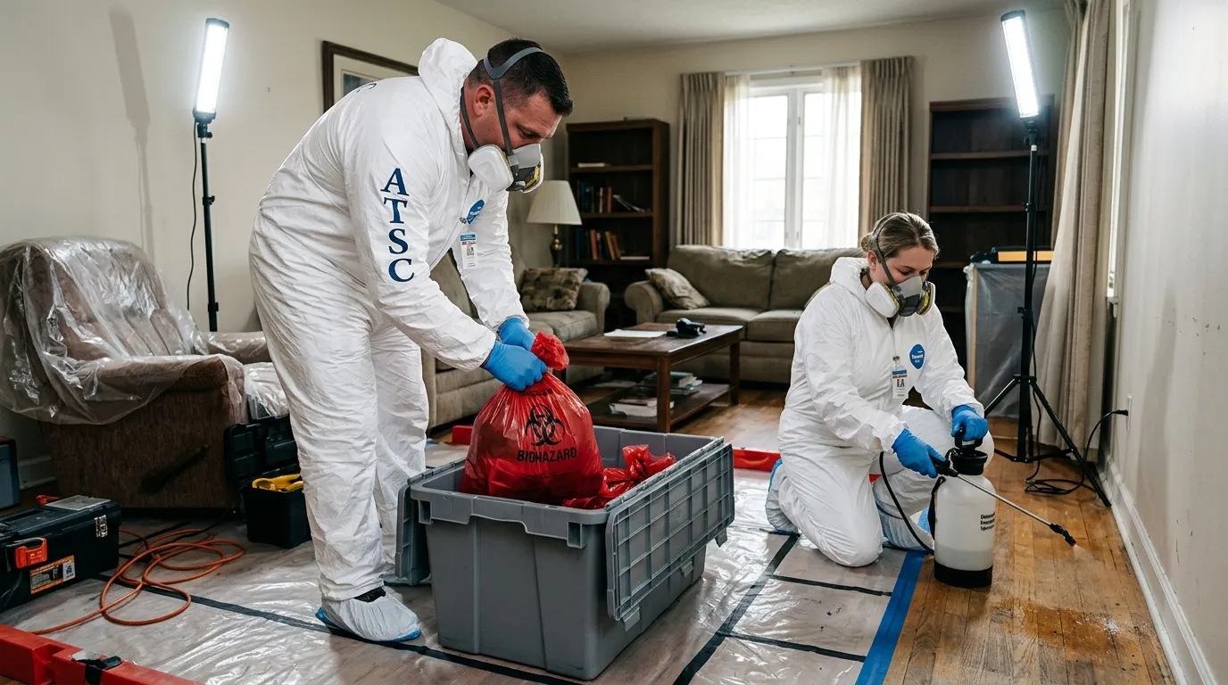 Professional Biohazard Cleanup technician in full PPE working in Bourbonnais